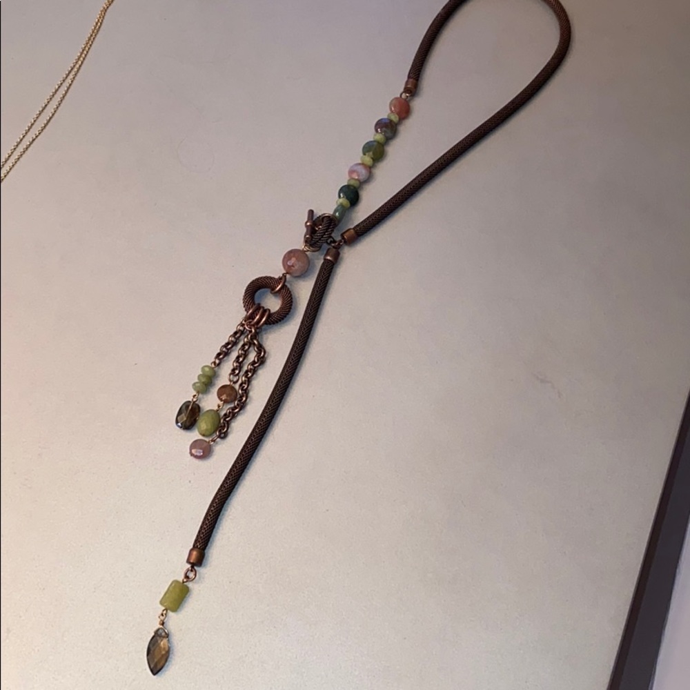Long plated copper necklace with mixed stones